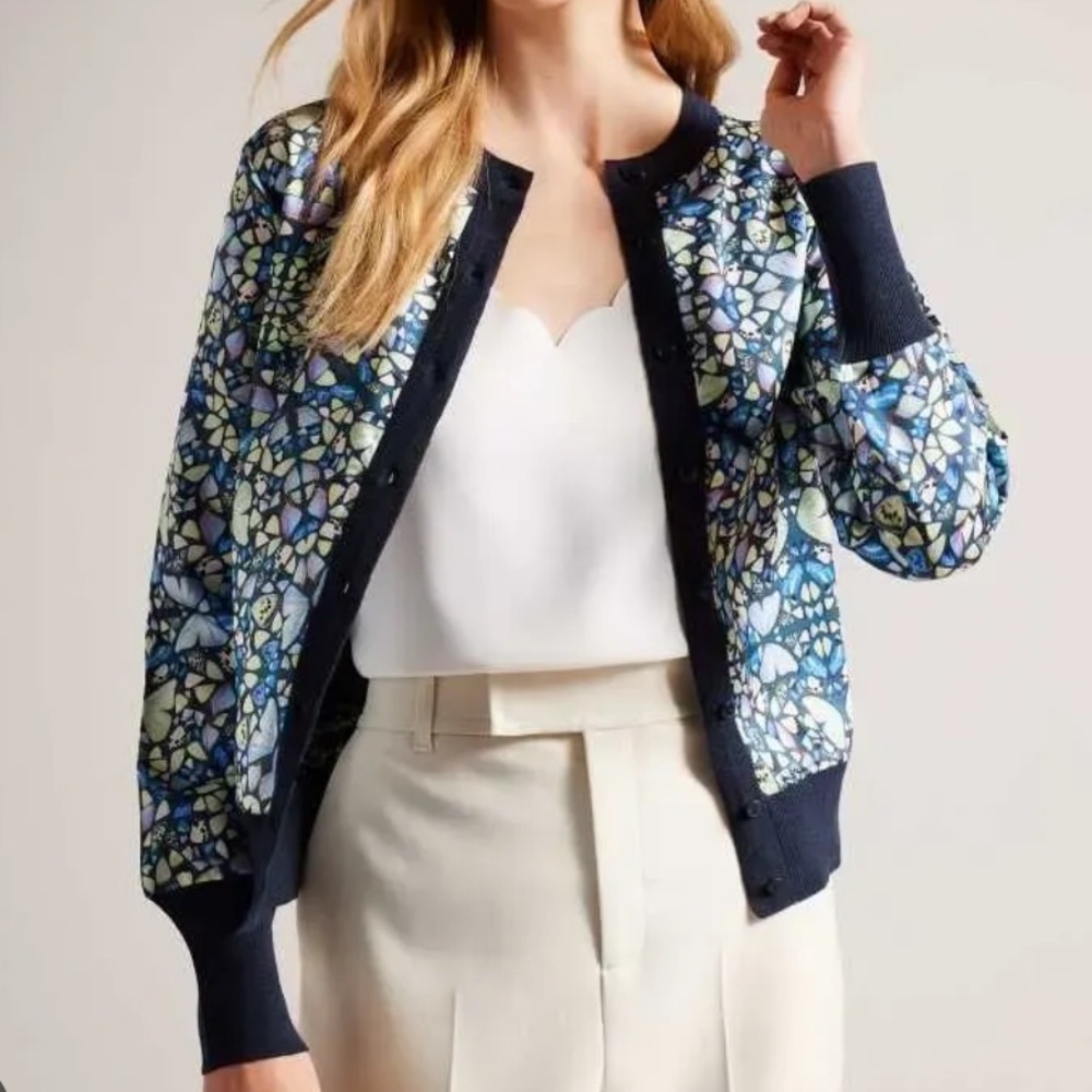 NWT Ted Baker Women’s Mid-Blue Brieli Kaleidoscope Woven Front Cardigan